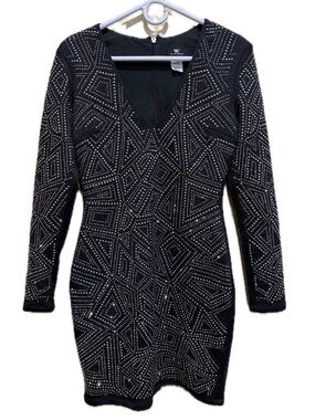 Va Va Voom Geometric Rhinestone Long Sleeve Bodycon Mini Dress S Black USA EUC